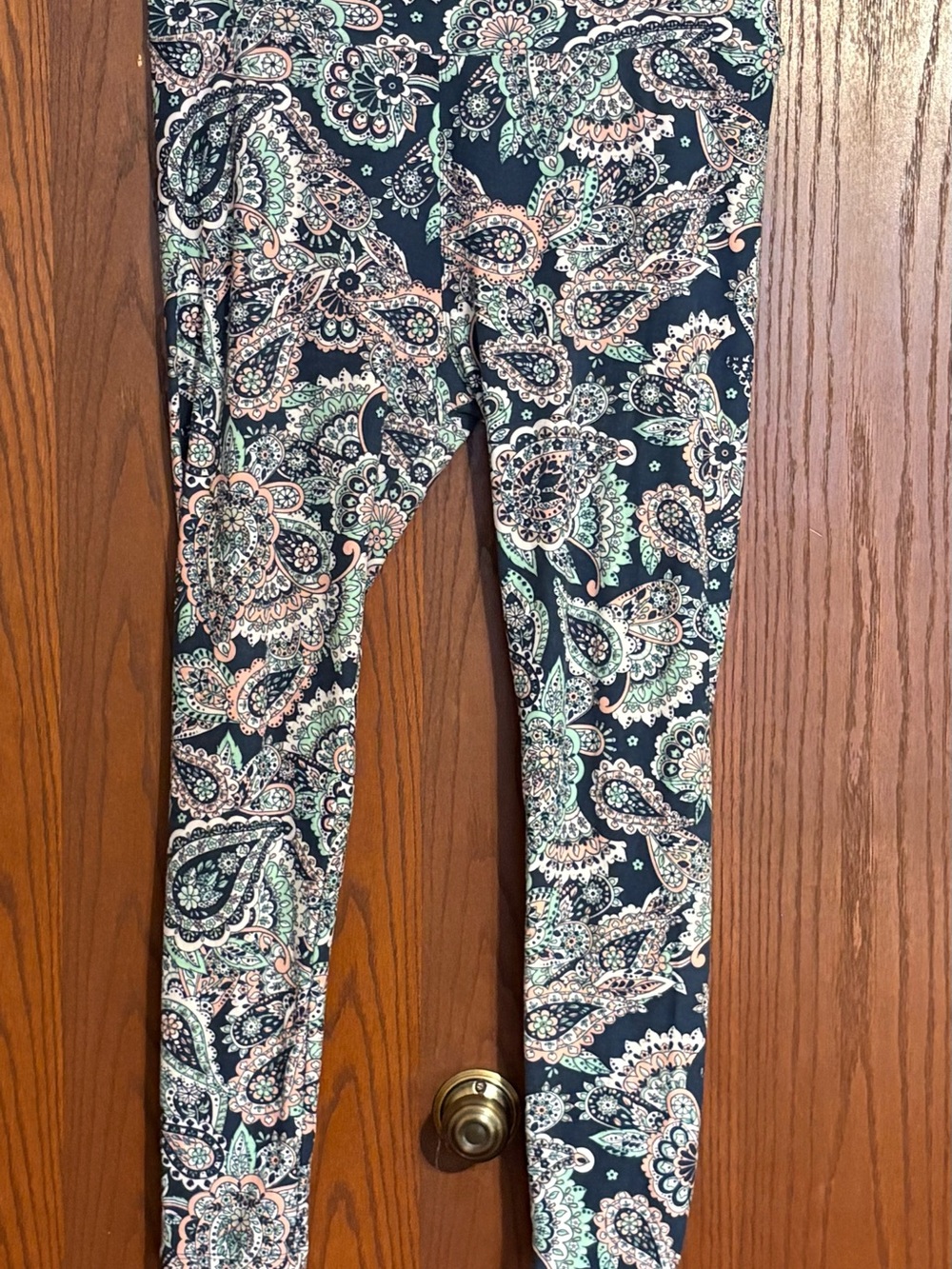 LuLaRoe Navy Paisley Leggings with Mint and Peach Accents